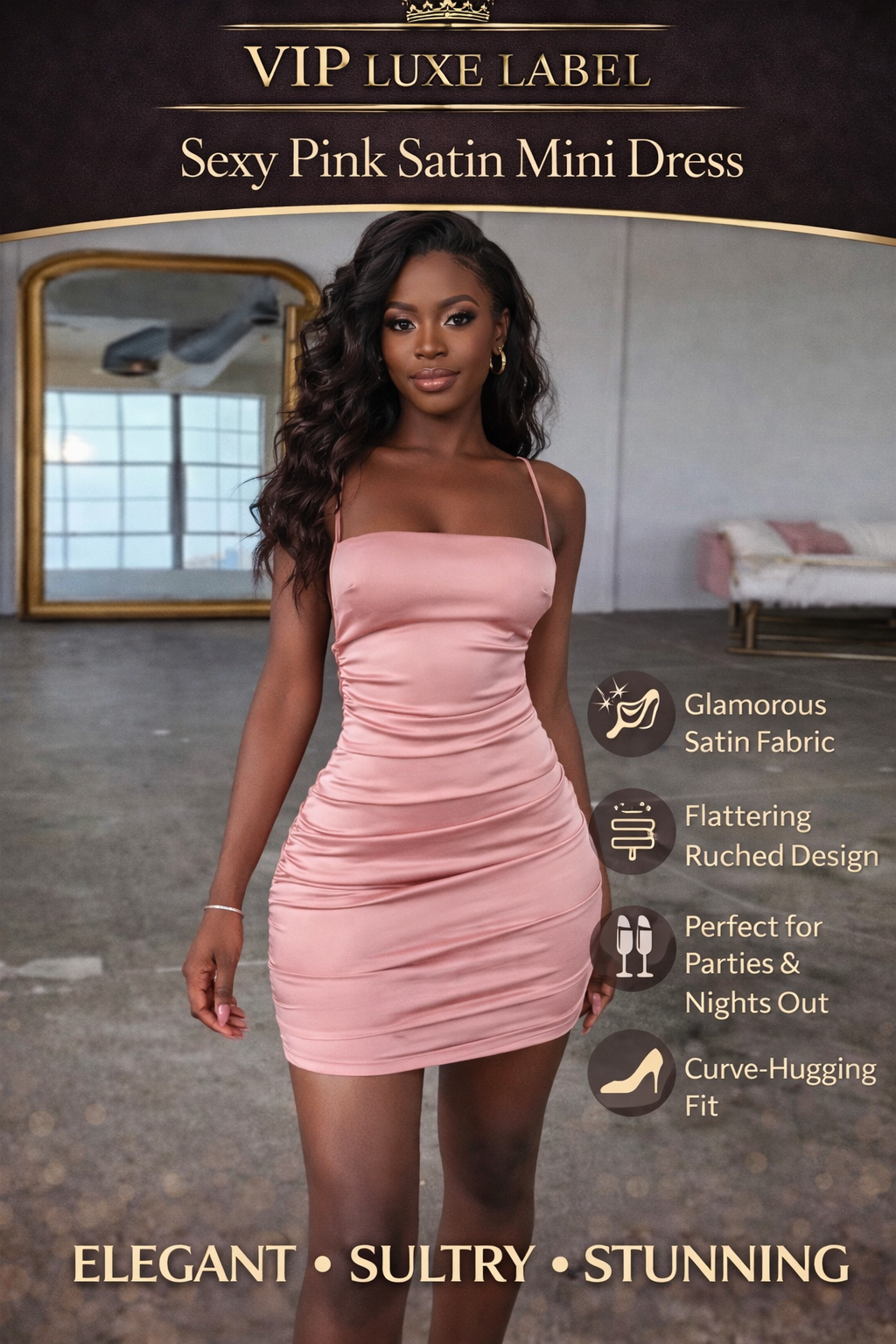 Women’s Pink Satin Mini Dress – Spaghetti Strap